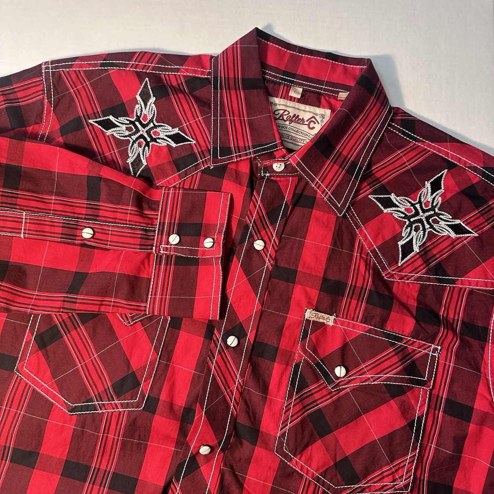 Rafter C Men's Large Pearl Snap Western Shirt Long Sleeve Embroidered Red Plaid